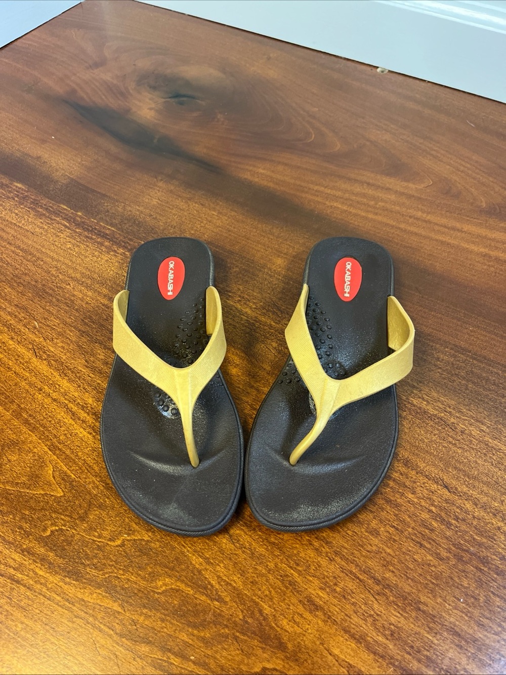 Okabashi Women's Black Footbed Sandals with Gold Straps